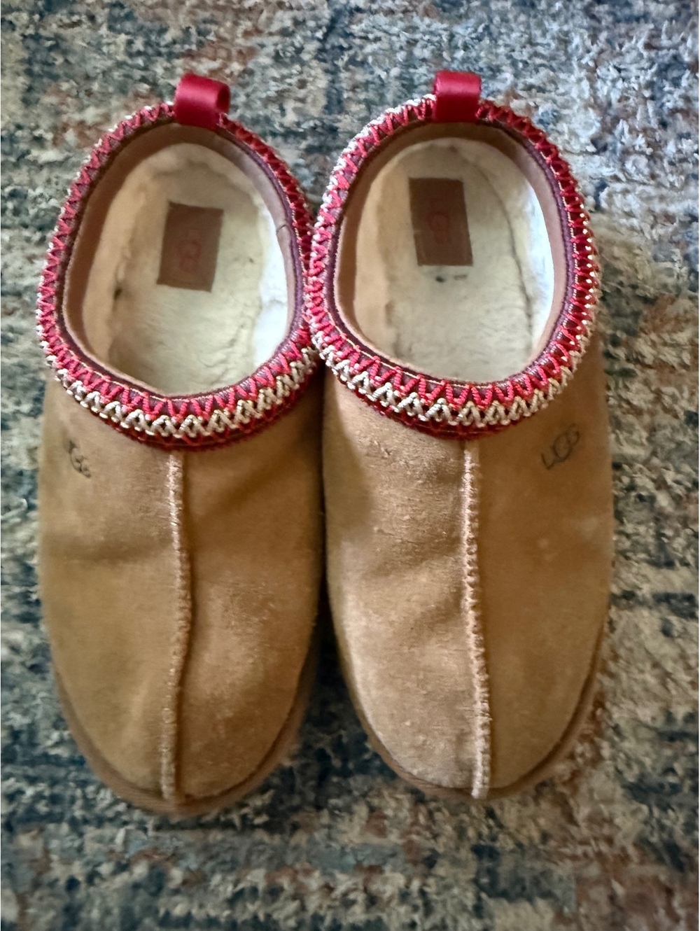 UGG Chestnut Embroidered Shearling Slip-On Shoes – Size 4